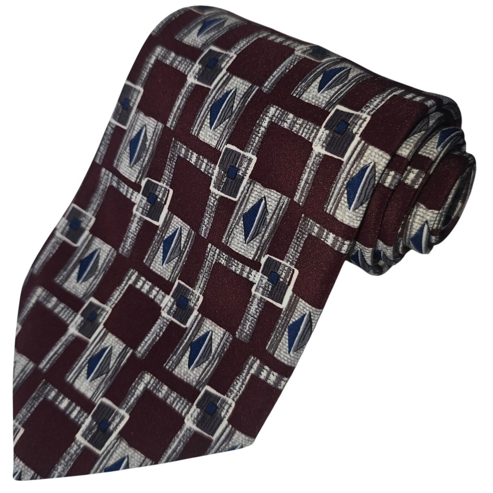 Town Craft Tie Made in USA Maroon Red with Blue Gray Squares 56"x 4" Vintage